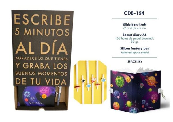 ESTUCHE DIARIO UNIVERSO CON CANDADO Y BOLIGRAFO A JUEGO