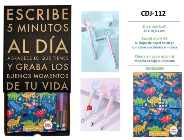 DIARIO CON CLAVE Y PLUMA DINOSAURIOS
