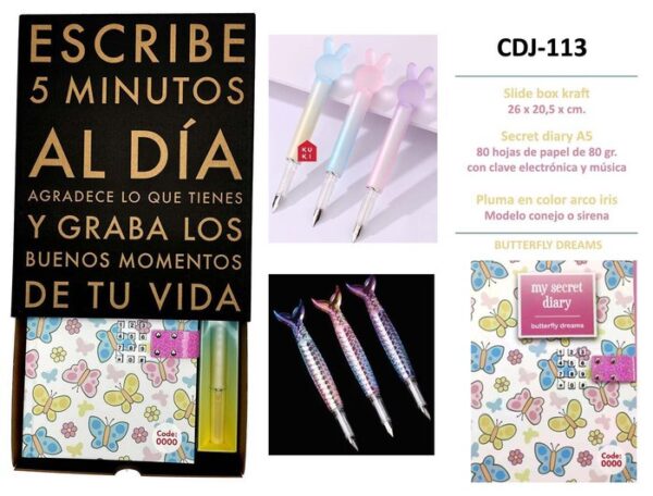 DIARIO CON CLAVE Y PLUMA MARIPOSAS