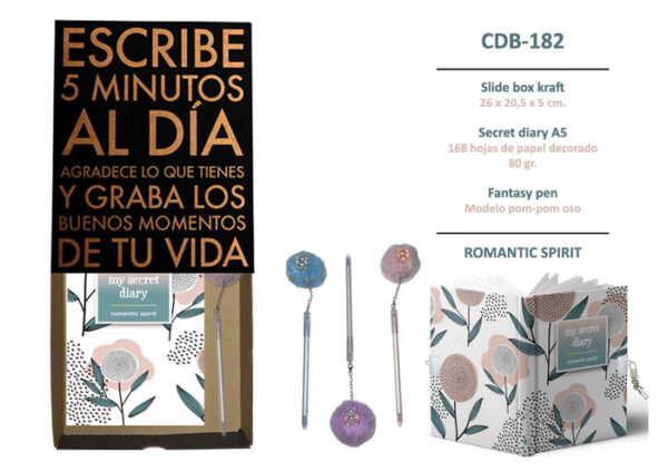 DIARIO CON CANDADO Y BOLI A JUEGO FLORES