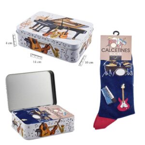 LATA CON CALCETINES AZULES CON DIBUJOS DE INSTRUMENTOS