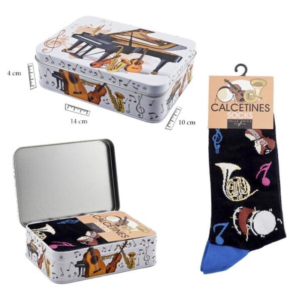LATA CON CALCETINES NEGROS CON DIBUJOS DE INSTRUMENTOS
