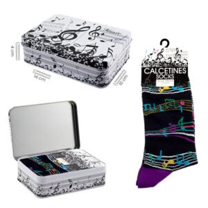 LATA CALCETINES NOTAS MUSICA NEGRO TALLA UNICA TALON MORADO