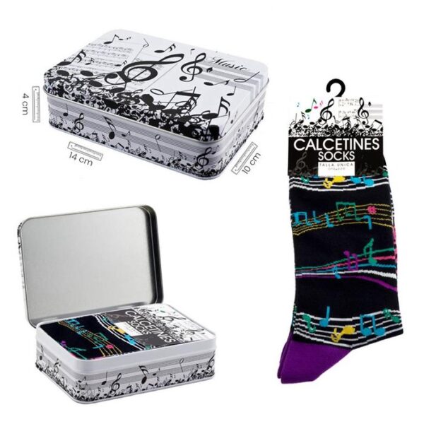 LATA CALCETINES NOTAS MUSICA NEGRO TALLA UNICA TALON MORADO