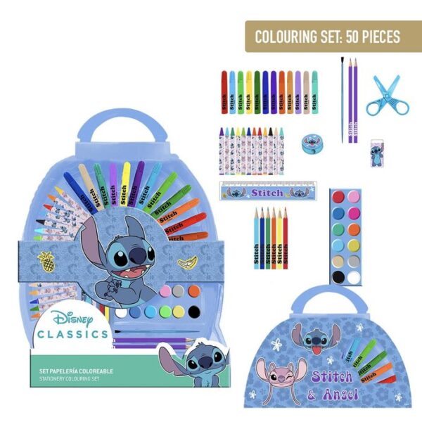 SET PAPELERIA COLOREABLE MALETIN REDONDO 50 PIEZAS STITCH