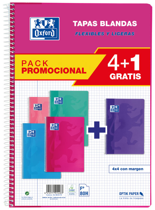 PACK 4+1 BLOC ESPIRAL Fº 80H CUADRO 4MM BLANDA OXFORD TEND