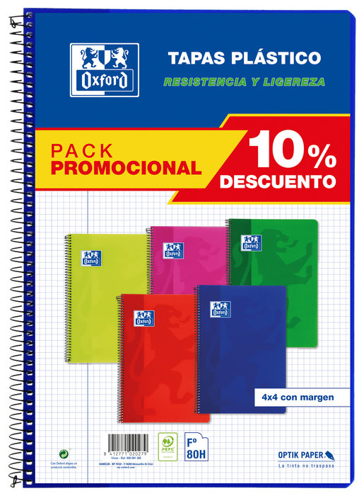 PACK 5 BLOC FOLIO 80H 90GR CUADRO 4MM PP OXFORD VIVOS