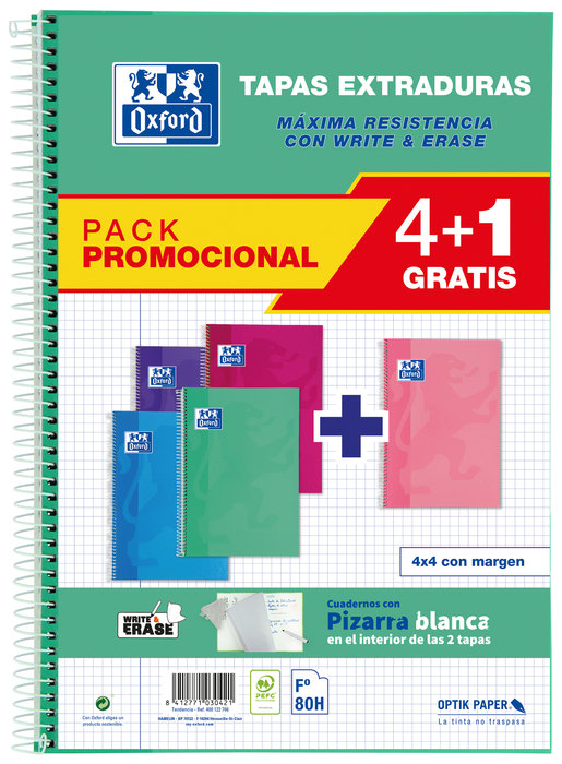 PACK 4+1 BLOC OXFORD Fº 80H 4X4 T/E WRITE&ERASE TENDENCIAS