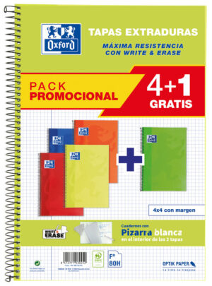 PACK 4+1 BLOC OXFORD FOLIO 80H 4X4 T/E WRITE&ERASE VIVOS