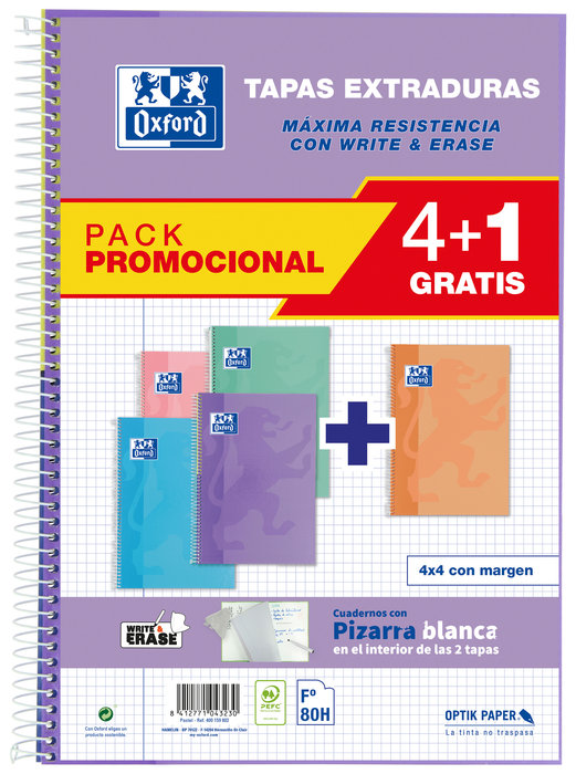 PACK 4+1 BLOC OXFORD FOLIO CUADRO 4X4 80H COLORES PASTEL TE