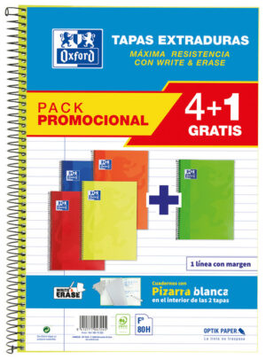 PACK 4+1 BLOC OXFORD FOLIO HORIZONTAL 80H SCHOOL COLOR VIVO
