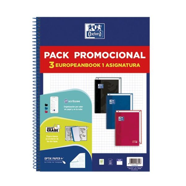 PACK 3U BLOC EUROPEANBOOK CUADRO 5X5 80H COLORES VIVOS OXFO